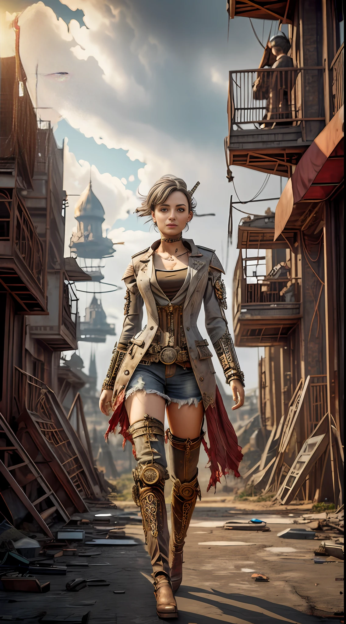 Gray sky, best quality, rich colors, battlefield, city ruins in the distance, dilapidated buildings, 1 woman, (anatomically correct), ((hands behind back))), short hair, (((torn clothes))), ((red glowing eyes))), broken headdress, extremely detailed face, smile, looking up at the camera, (full body), HDR, dramatic, cinematic lighting, (realism: 1.4), absurdity, surrealism, steampunk, intricate design, exquisite details，