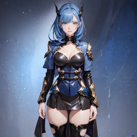 masterpiece, best quality, 1woman, adult, female focus, solo, blue hair, vibrant dark blue eyes, looking at viewer, High quality metal texture, closed mouth, bangs, high collar,(kbxll:0.6), Fantasy aesthetics, Highly detailed, shadowverse style, full body,...