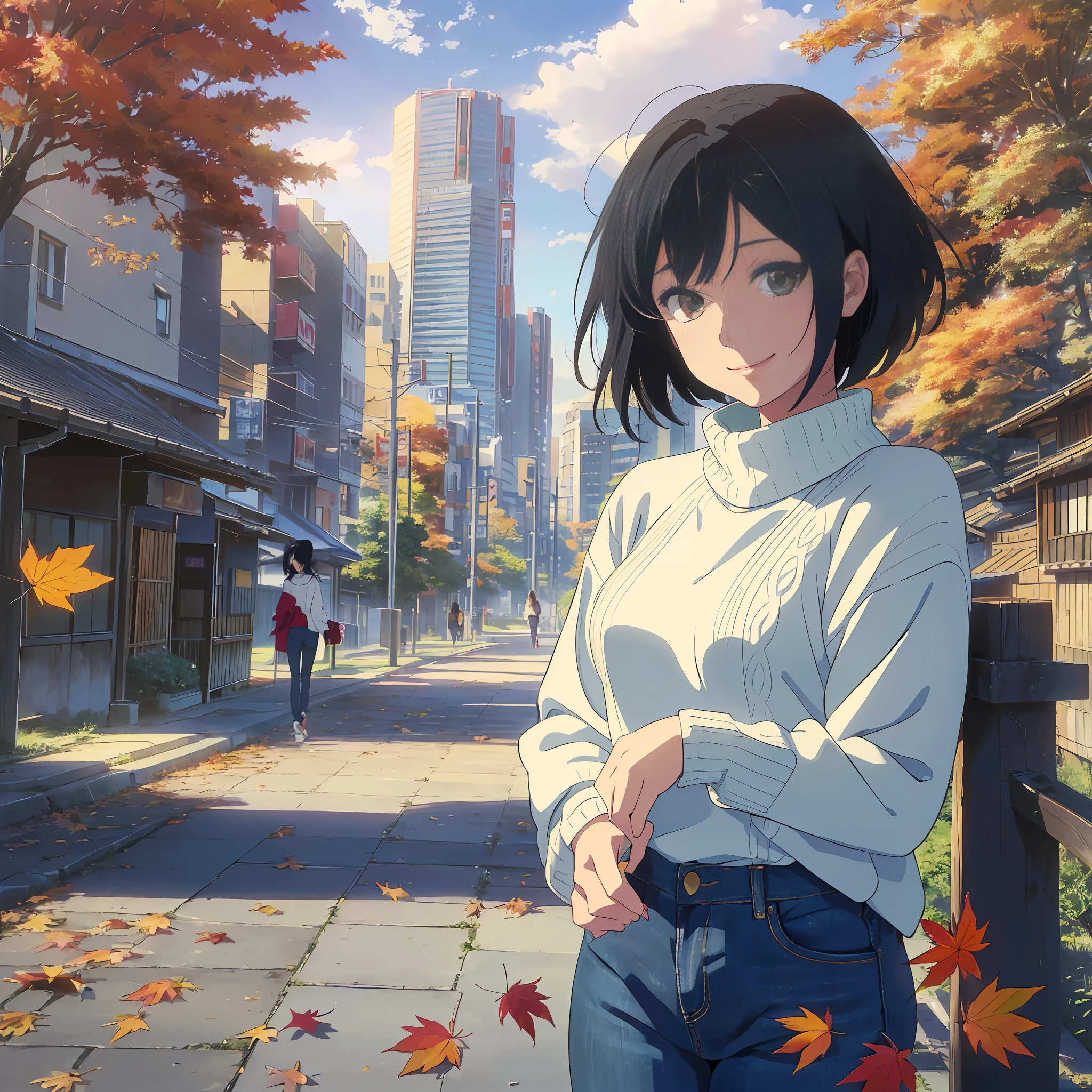 Anime girl standing on a sidewalk in a city with autumn