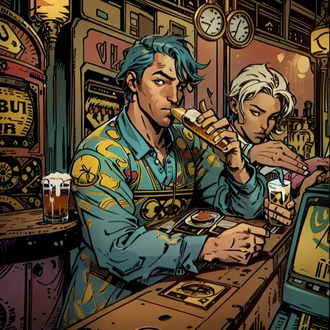 create the image of a bonachona-looking man sipping a beer at a bar table. in the background, a jukebox. on the left, the bar co...