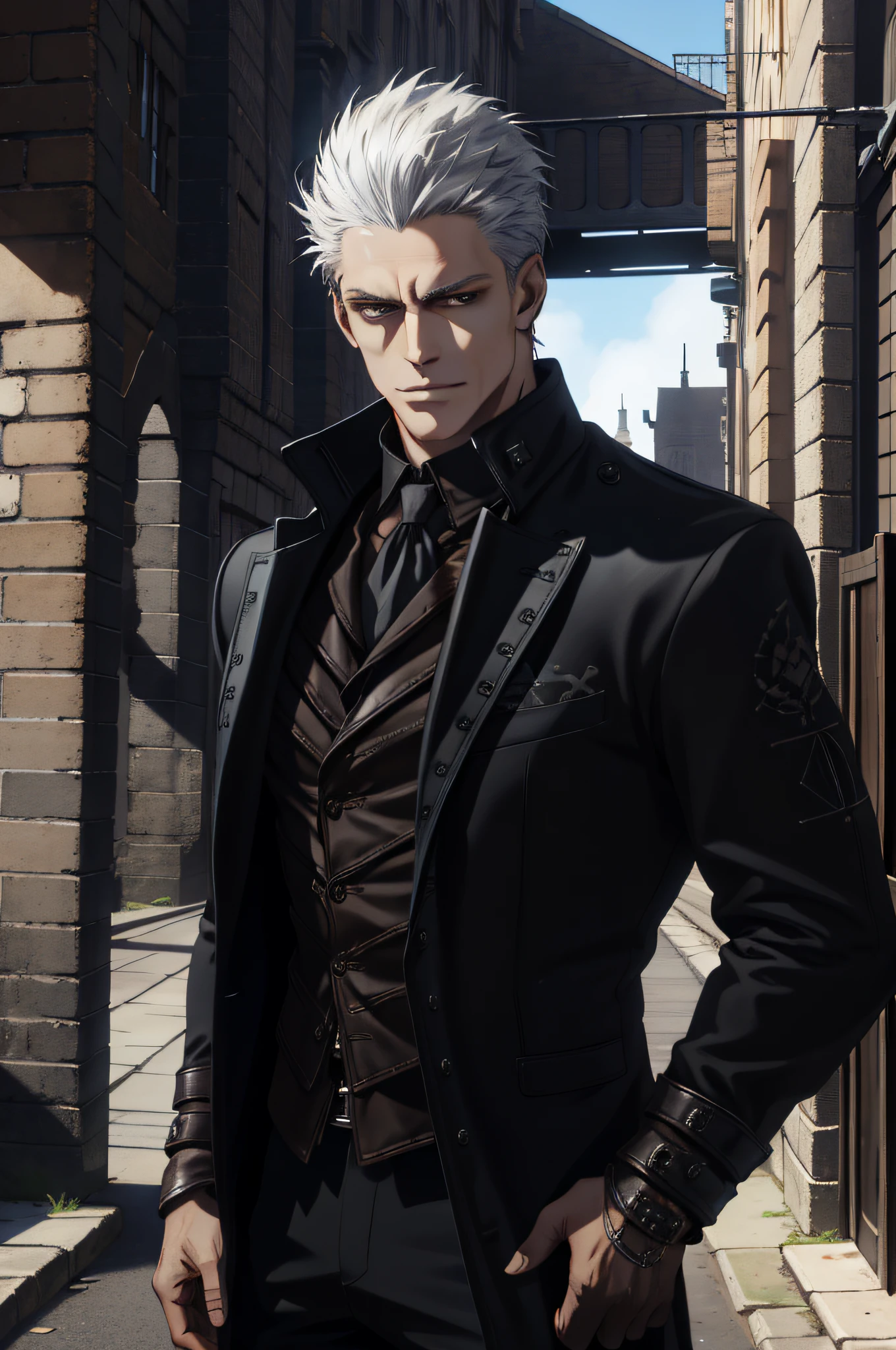 (absurdres, highres, ultra detailed), 1 male, adult, handsome, tall muscular guy, broad shoulders, white hair, finely detailed eyes, portrait, looking at viewer, solo, half shot, detailed background, detailed face, (steampunk industrial), smirk, renegade, rugged dark leather clothes, small leather pouch, high fantasy medieval setting, smuggler hideout background, stealth, undercover, (crates in background), shadows, fog, (dutch angle), closed mouth