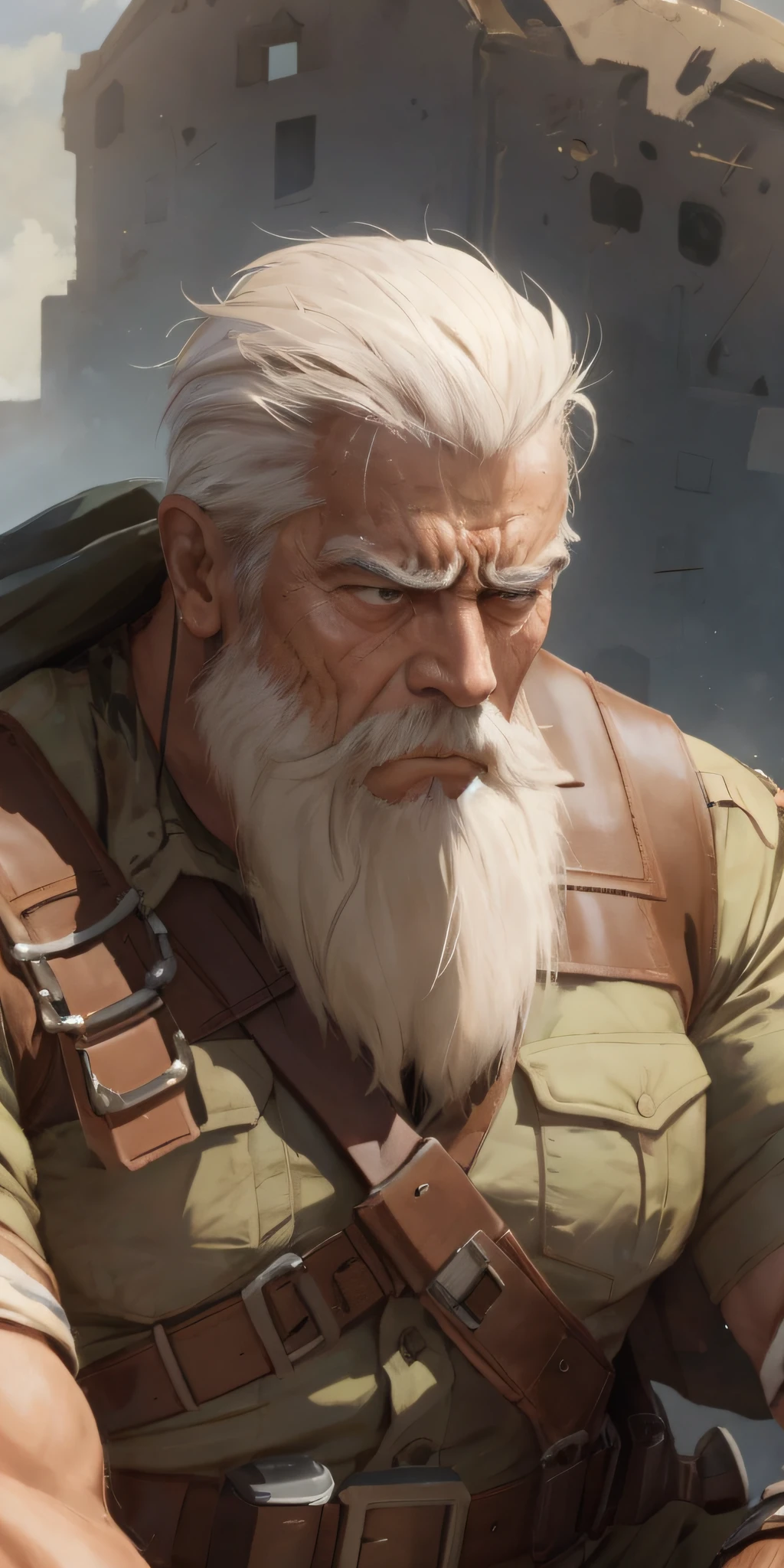 Detaillierter muskulöser alter Mann in Militäruniform, mit traurigem Gesichtsausdruck und schwacher Haltung