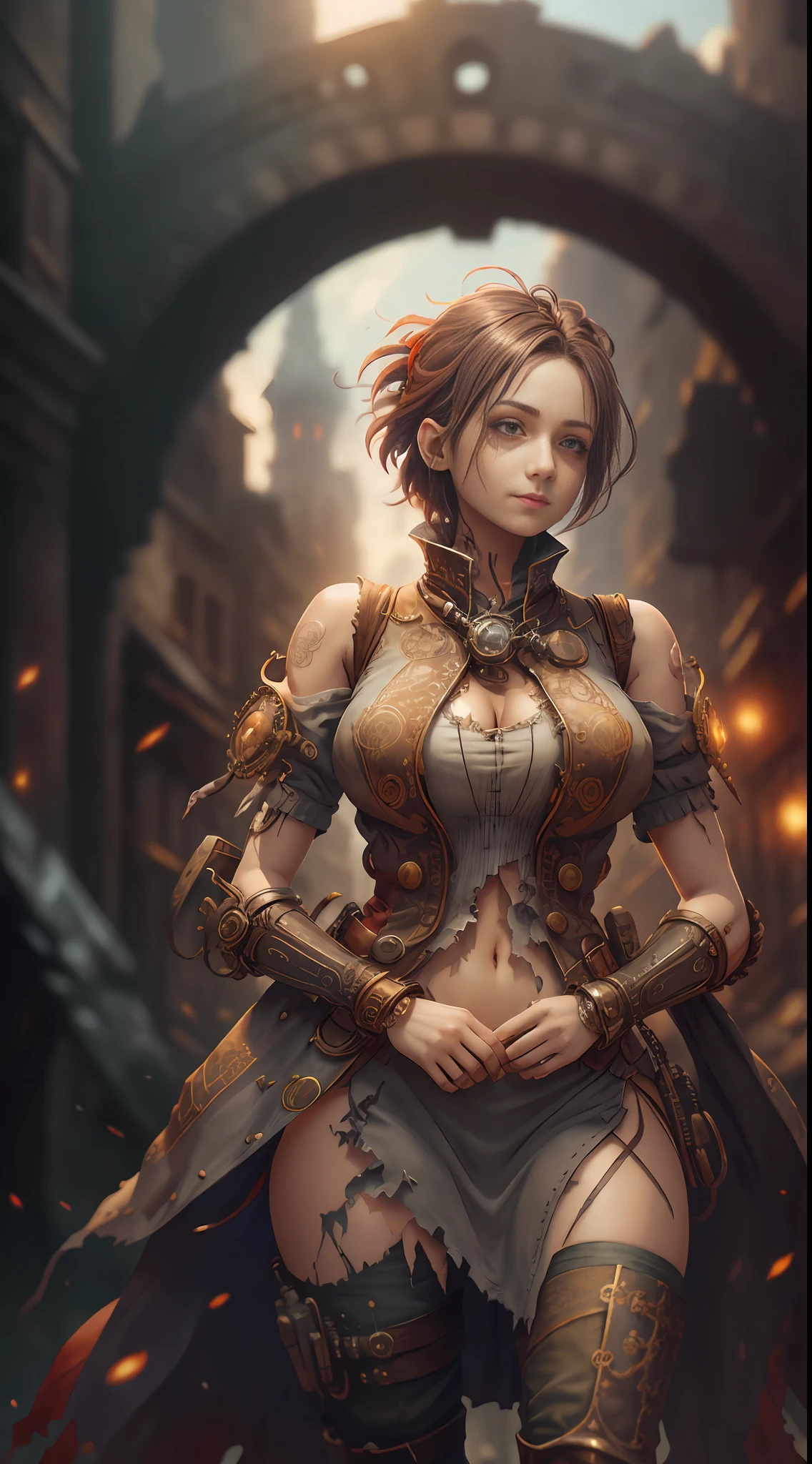 Gray sky, best quality, rich colors, battlefield, city ruins in the distance, dilapidated buildings, 1 woman, (anatomically correct), ((hands behind back))), short hair, (((torn clothes))), ((red glowing eyes))), broken headdress, extremely detailed face, smile, looking up at the camera, (full body), HDR, dramatic, cinematic lighting, (realism: 1.4), absurdity, surrealism, steampunk, intricate design, exquisite details，