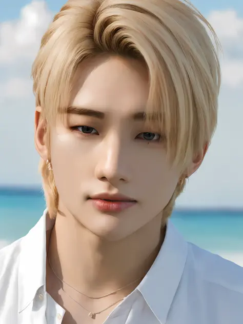 Hyunstay v2, frontal, shimmering, lips are cracked, (blonde hair: 1.2), (perfect abdomen: 1.2), (ultra-realistic: 1.2), (beach background: 1.2), (complex: 1.2), (viewers: 1.2), look like BTS