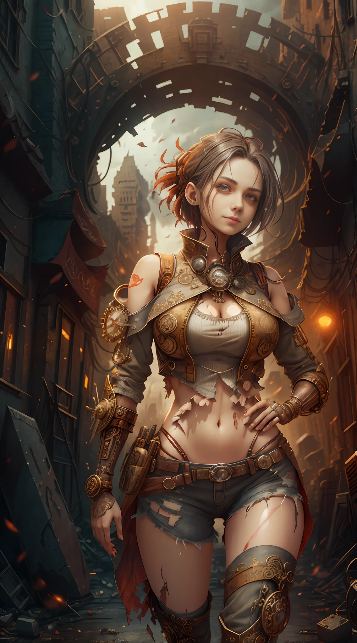 Gray sky, best quality, rich colors, battlefield, city ruins in the distance, dilapidated buildings, 1 woman, (anatomically correct), ((hands behind back))), short hair, (((torn clothes))), ((red glowing eyes))), broken headdress, extremely detailed face, smile, looking up at the camera, (full body), HDR, dramatic, cinematic lighting, (realism: 1.4), absurdity, surrealism, steampunk, intricate design, exquisite details，