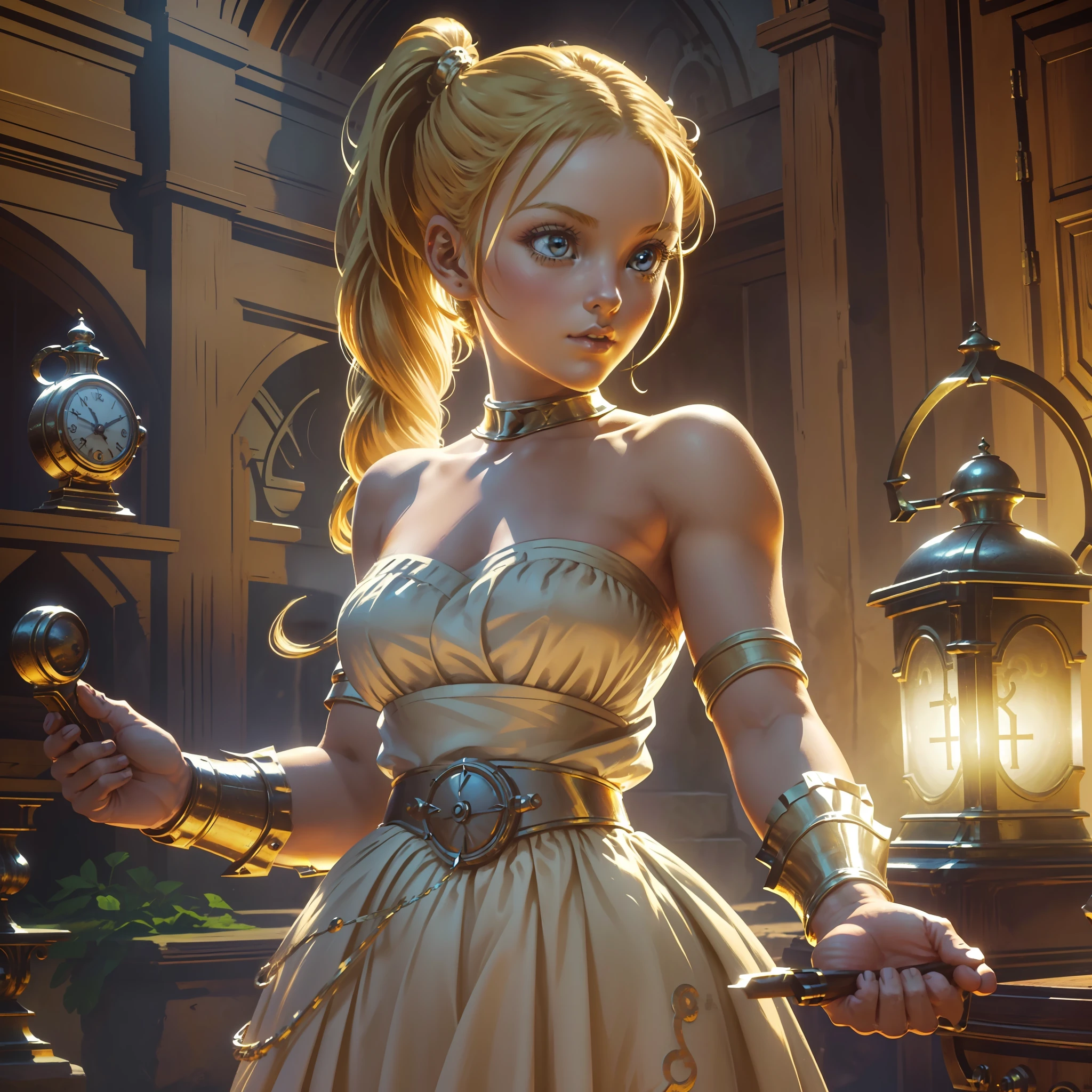 (extremely detailed CG unit 8k wallpaper, masterpiece, best quality, ultra-detailed, marle chrono trigger, beautiful detailed eyes: 1.2), high saturation 1girl, princes' (marle chrono-trigger\), frilly dress, bare shoulders, blonde hair, twintails, an outstretched arm holding an antique clock in one hand, a crossbow in the other hand. Maximum quality, ultra-realistic details, perfect lighting, impeccable shadow, dynamic framing, mystical scene, background with stunning images and 8k resolution. All with the magical touch of his unique style.