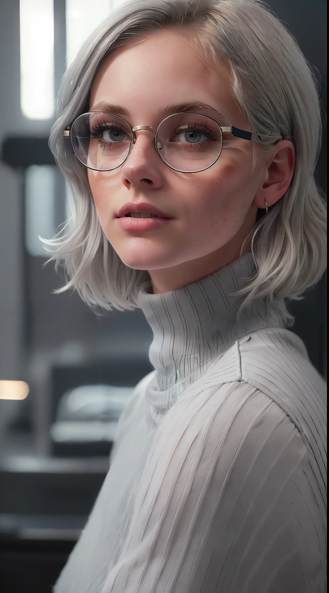 portrait of a award winning photo of (a young beautiful white swedish blonde woman wearing glasses and gray turtle neck top) posing in a dark studio, (rim lighting,:1.4), (((1girl))), chubby, (window lights reflection in glasses), bangs, black-framed eyewear, (((detailed hair))), (((detailed skin))), (freckles:0.15), glasses, lips, looking at viewer, realistic, round eyewear, semi-rimless eyewear, short hair, solo, teeth, under-rim eyewear, natural hair, professional technology room with low lighting blurred background, realistic portrait, 4k, supreme detail, highly detailed, artstation, smooth, sharp focus, cinematic lighting, facing the camera, dark studio, rim lighting, two tone lighting, dimly lit, low key