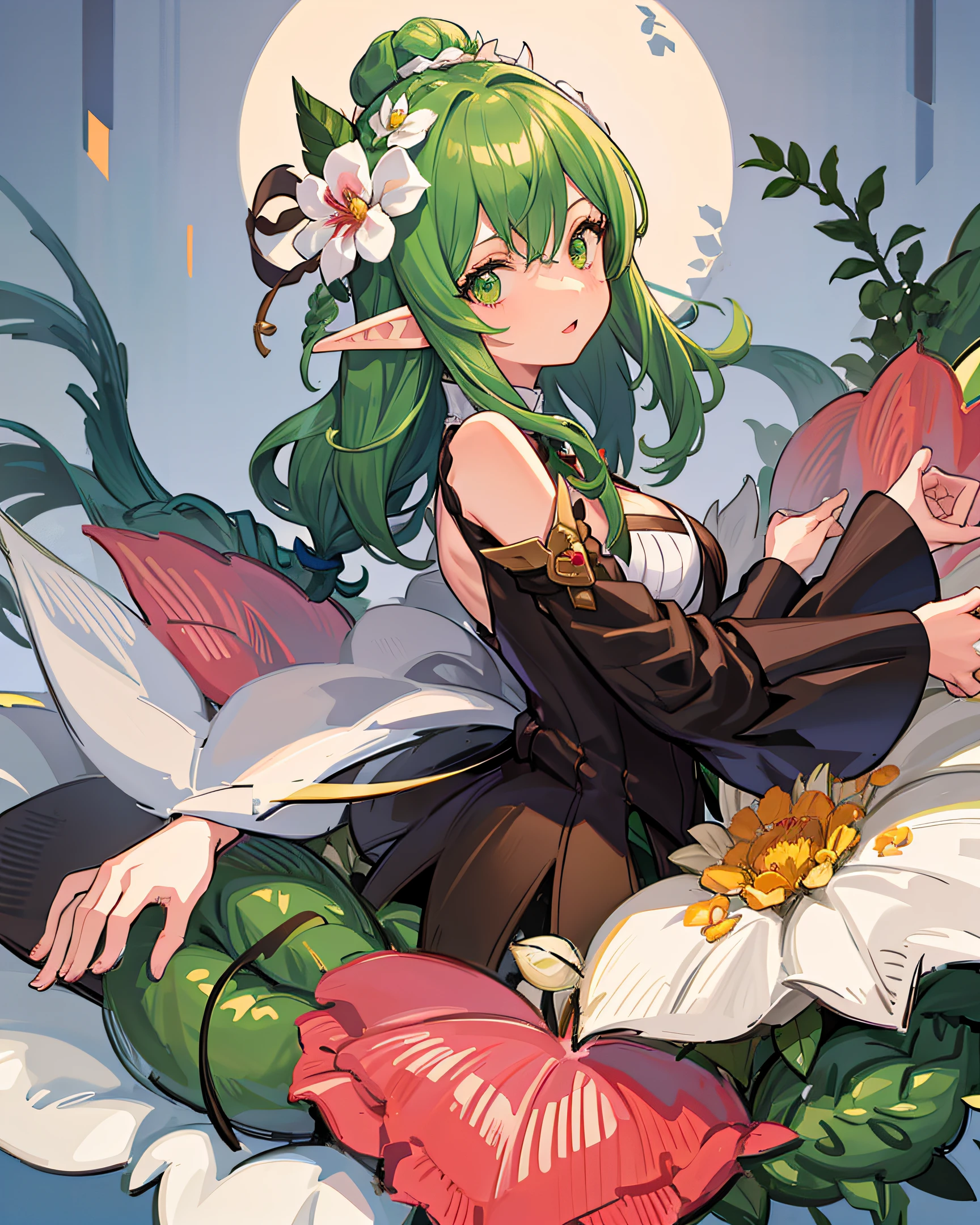 illustration, anime, elf, elf woman, 1girl, medium breasts, anime style, brown hair, hair with green details, brown and green hair, braid, braided bangs, green eyes, neckline, braid, braid, hair flower, multicolored hair, long hair, hair ornament, pink flower, striped hair, white thighs, bow, wide sleeves, leaf, bard clothes, bard,