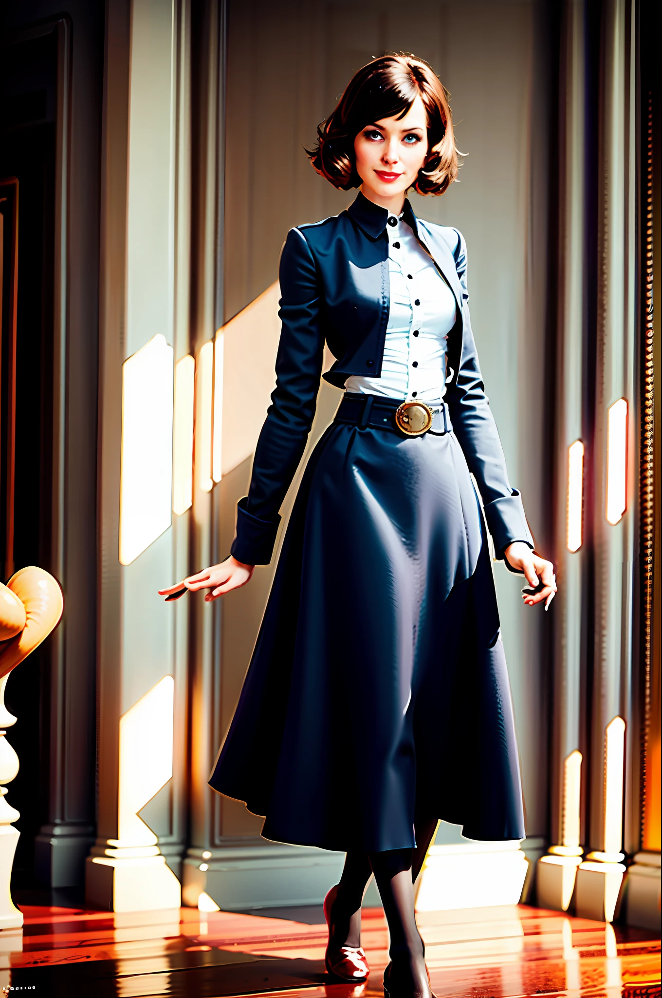 Elizabeth aus Bioshock Infinite, Meisterwerk, Hohe Auflösung, fotorealistisch, beste Qualität, Perfekte Beleuchtung, Erwachsene, reifen, weiblich, 1 Mädchen, Allein, Bibliothek, Schloss, Elisabeth_bioshock, Glücklich, lächeln, weißes Hemd, Schwarzer Bleistiftrock, (Strümpfe: 1.2), roter kleiner Gürtel, (FLACHE BRUST: 1.5), kleine Brust, flacher Arsch, schlank, schlank legs