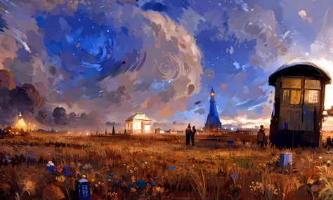 In the distance there is a field painting of a tardis and a tower, inspired by Vincent Lefebvre, Van Gogh style, epic surrealist...
