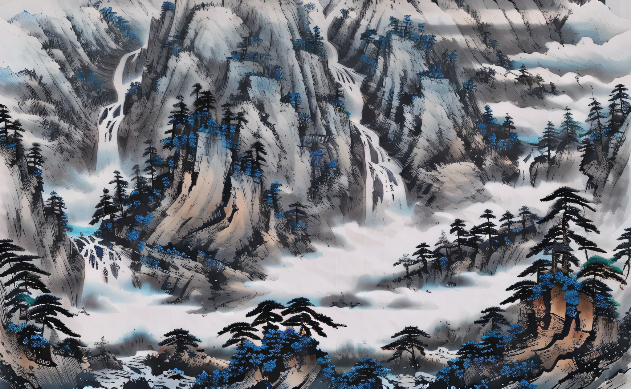 ((masterpiece)), ((best quality)), ((high-res)), ((extremly details)), ((Ink wash)), ((artist)), a painting of longly mountain and pine_tree, branch, no_humans, outdoor, landscape, birds, waterfall, river, indigo pigment, zulishisong_style_mountains, high detail, award-winning, best quality, 4K