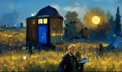 painting of a man in a field with a tardist and a tent, in style of van gogh, from doctor who series, in the cyberpunk countrysi...