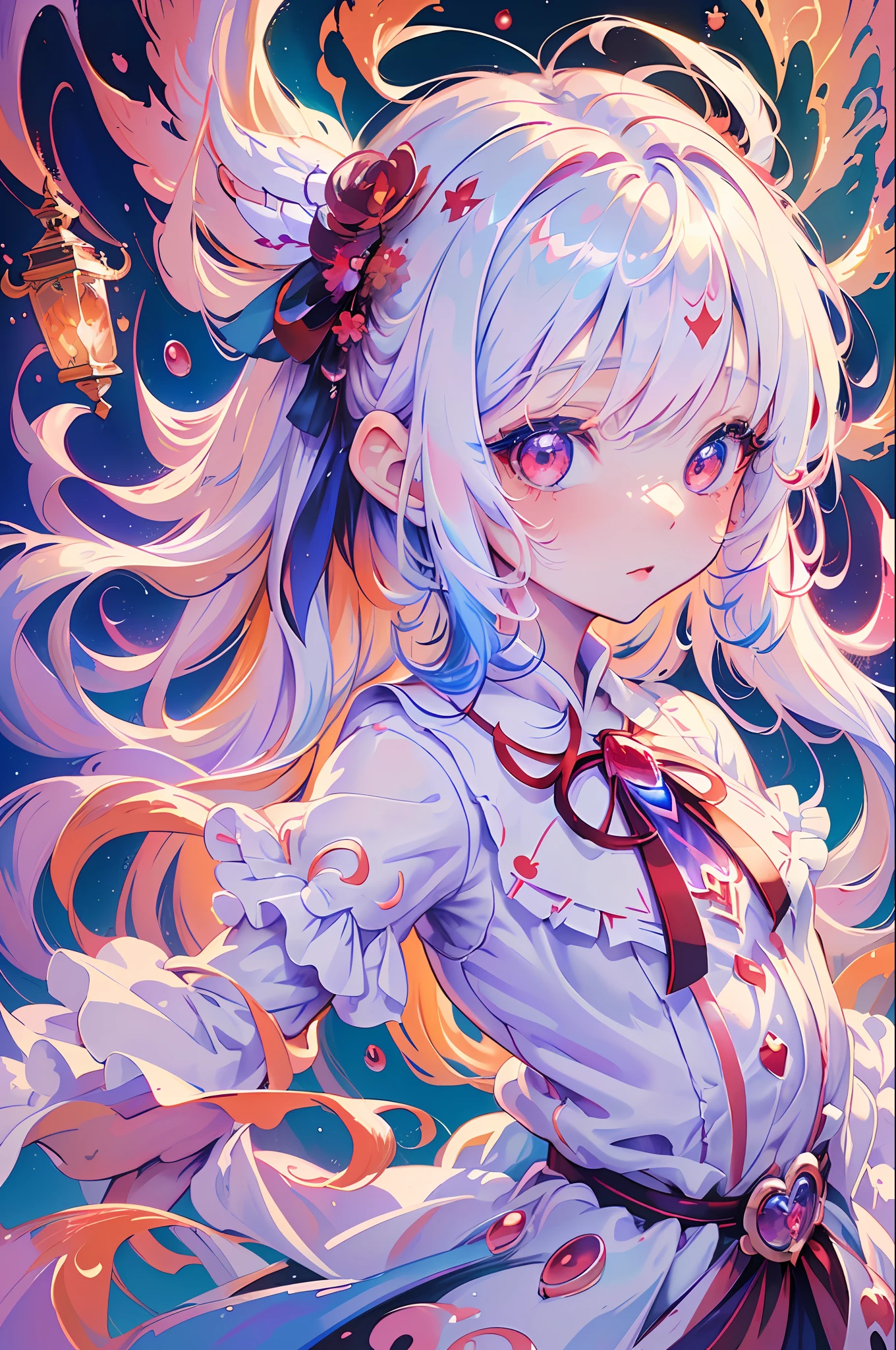 beautiful illustration, best quality, cute petit girl, (transform sequence), transform magical girl, chibi, white magical girl, fractal art, albino, babyface, long pure white and red mesh hair, beautiful detailed red eyes, cinematic lighting, cowboy shot, looking at viewer, from bottom, happy