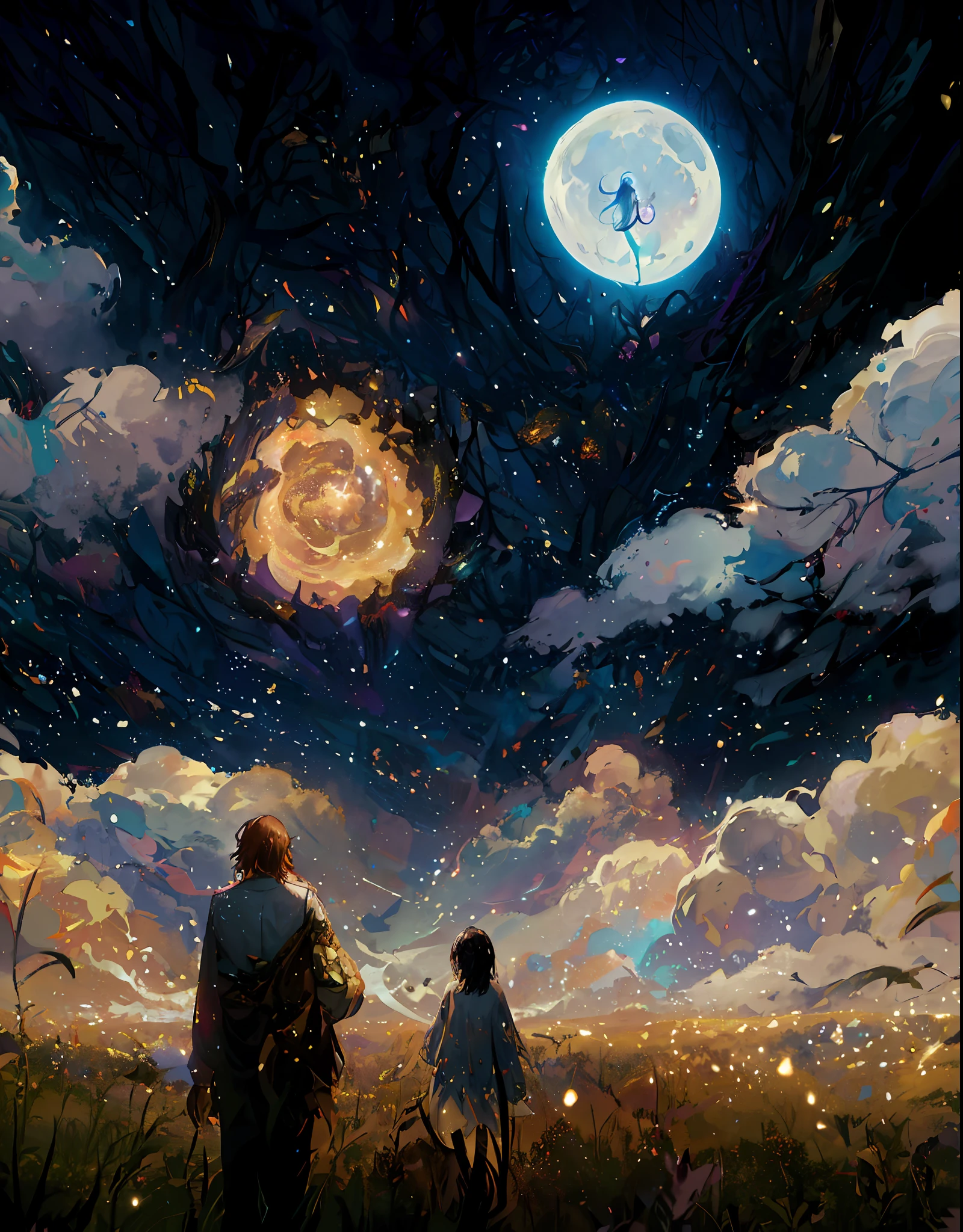 anime scene of two people walking in a field under a full moon, cyril rolando and m.w kaluta, cyril rolando and m. w kaluta, cosmic skies. by makoto shinkai, makoto shinkai cyril rolando, dreamy art, detailed dreamscape, dreamy psychedelic anime, intricate and epic composition, looking out into the cosmos