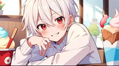 ((masterpiece)),(((best quality))), (high-quality, breathtaking),(expressive eyes, perfect face), 1boy, solo, male, short, young, small boy, short white hair, red eyes, smiling, blushing, long sleeve sweater, short shorts, indoors, eat ice cream, cute, swe...