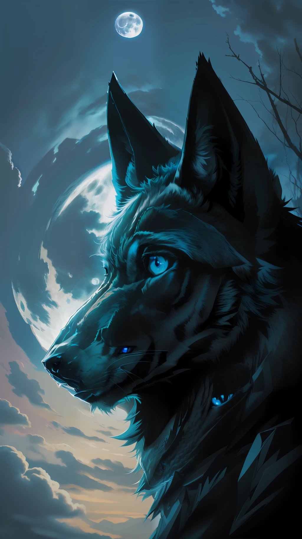(Obra maestra detallada de alta calidad de imagen) "Color negro con ojos azules" Bosque peligroso de lobos, medianoche, Luna llena. 1 lóbulo solitario. ( Ángulo frontal de la imagen)