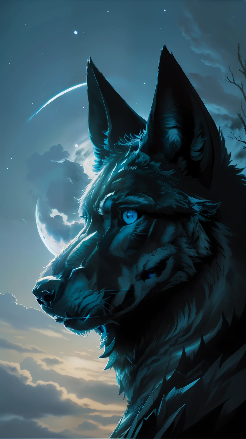 (ผลงานชิ้นเอกให้รายละเอียดคุณภาพของภาพสูง) "สีดำมีตาสีฟ้า" หมาป่าป่าอันตราย, เที่ยงคืน, พระจันทร์เต็มดวง. กลีบเดี่ยว 1 อัน. ( มุมด้านหน้าของภาพ)