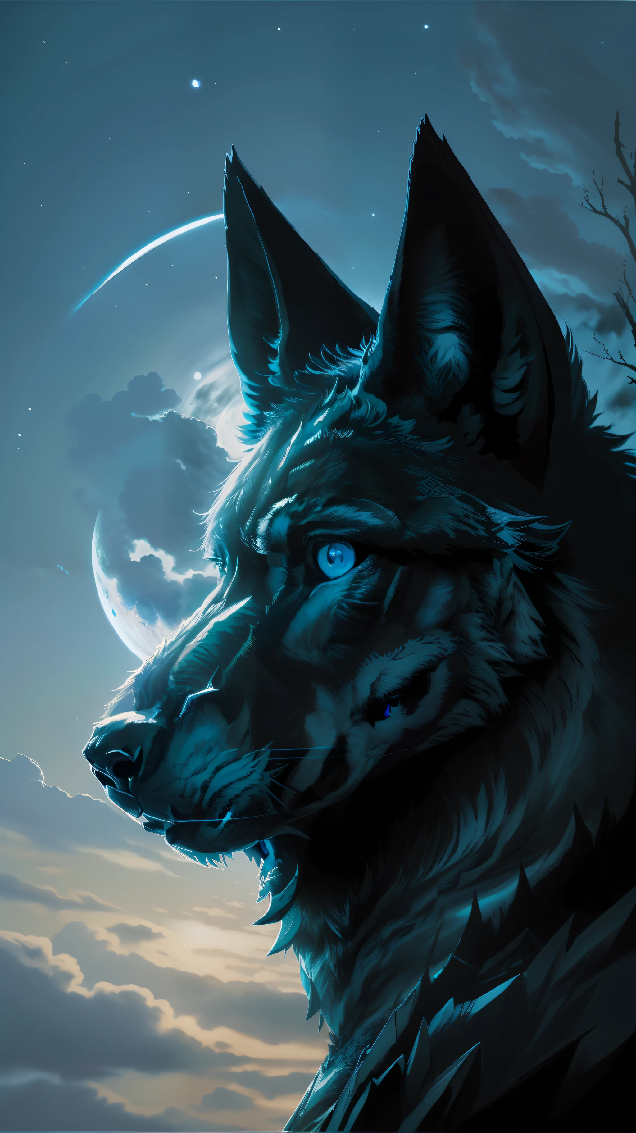 (تحفة مفصلة بجودة صورة عالية) "اللون أسود مع عيون زرقاء" غابة الذئب الخطرة, منتصف الليل, اكتمال القمر. 1 فص منفرد. ( الزاوية الأمامية للصورة)