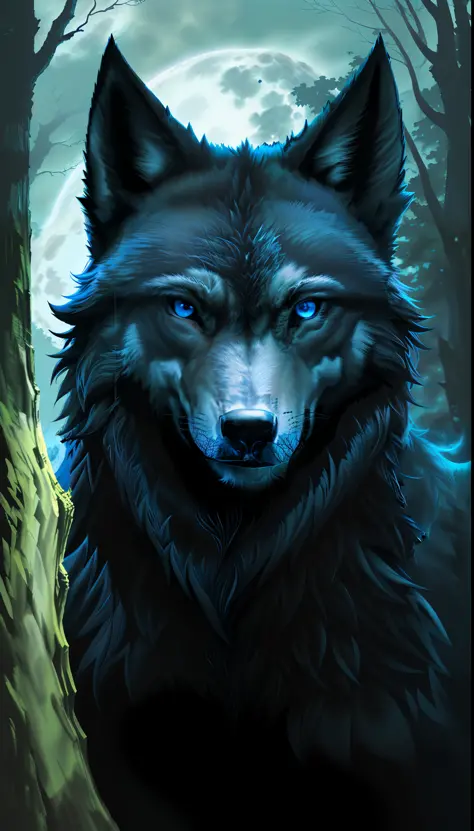 (Masterpiece detailed high image quality) "Black color with blue eyes" wolf dangerous forest, midnight, full moon. 1 solo lobe. ...