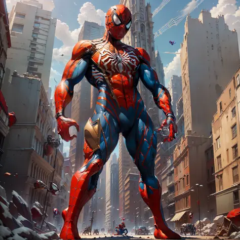 (Masterpiece, Superb Quality, Super Detailed, High Resolution), Male Focus, (((Spider-Man)), (Muscular Man)))), (((Muscle Detail))), (((Spider-Man Armor))), (Standing, Fisting), Posing for Photos, City Ruins, Background Details, (((Full Body))), ((((Spider...