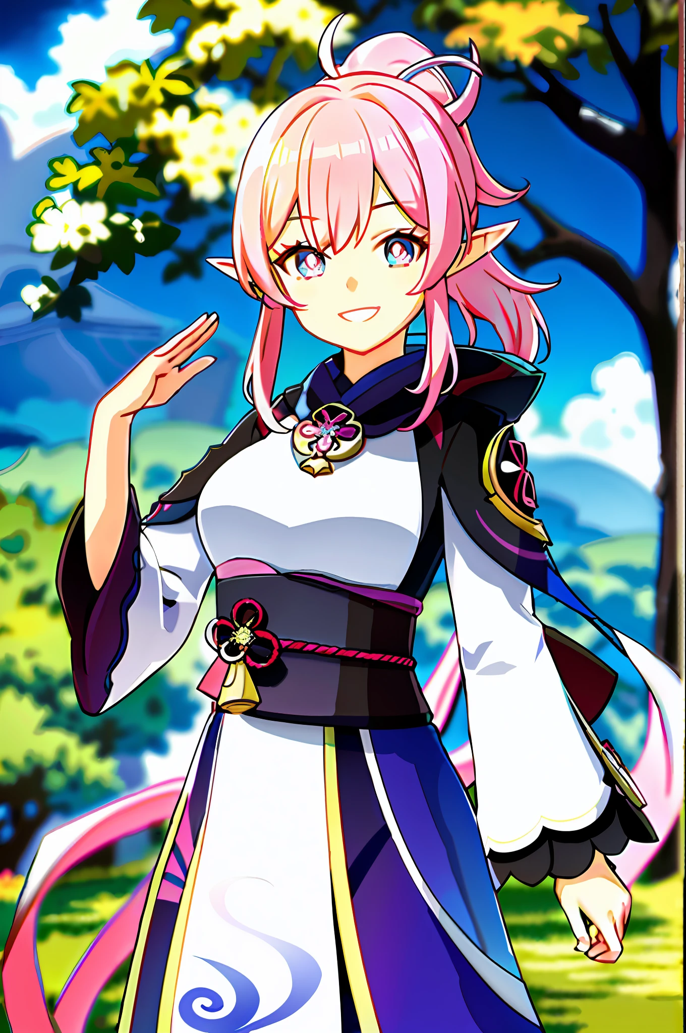 masterpiece, best quality, 1girl, solo, upper body, genshin impact, 1girl, elf ears, branch, large breasts, open mouth, elysia, huge breasts, large breasts, massive breasts, elysia (Honkai Impact), jewelry, long hair, ponytail, blunt bangs, looking at viewer, ear cuffs, breasts, big smile, long traditional kimono, pink and white kimono, blue eyes, blue irises, pink pupils, blue military cloak, military shawl, cowl, cloak, shawl, outdoors, pink hair, blue eyes, pink pupils, pink pupils, blue eyes, pink pupils, long sleeves, Japanese, Inazuma, big sleeves, loose sleeves, sidelocks, smile, solo, dynamic pose, genshin, waving