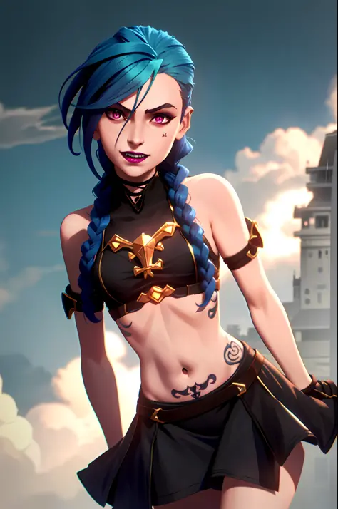 arcane style, 1girl, arm tattoo, asymmetrical bangs, bangs, blue hair, braid, small demonic horns,succubus dress, succubus, cloud tattoo, looking at the viewer, laughing, crazy, uncontrollable laughter, crazy look, night, city, green hair, long hair, diaph...