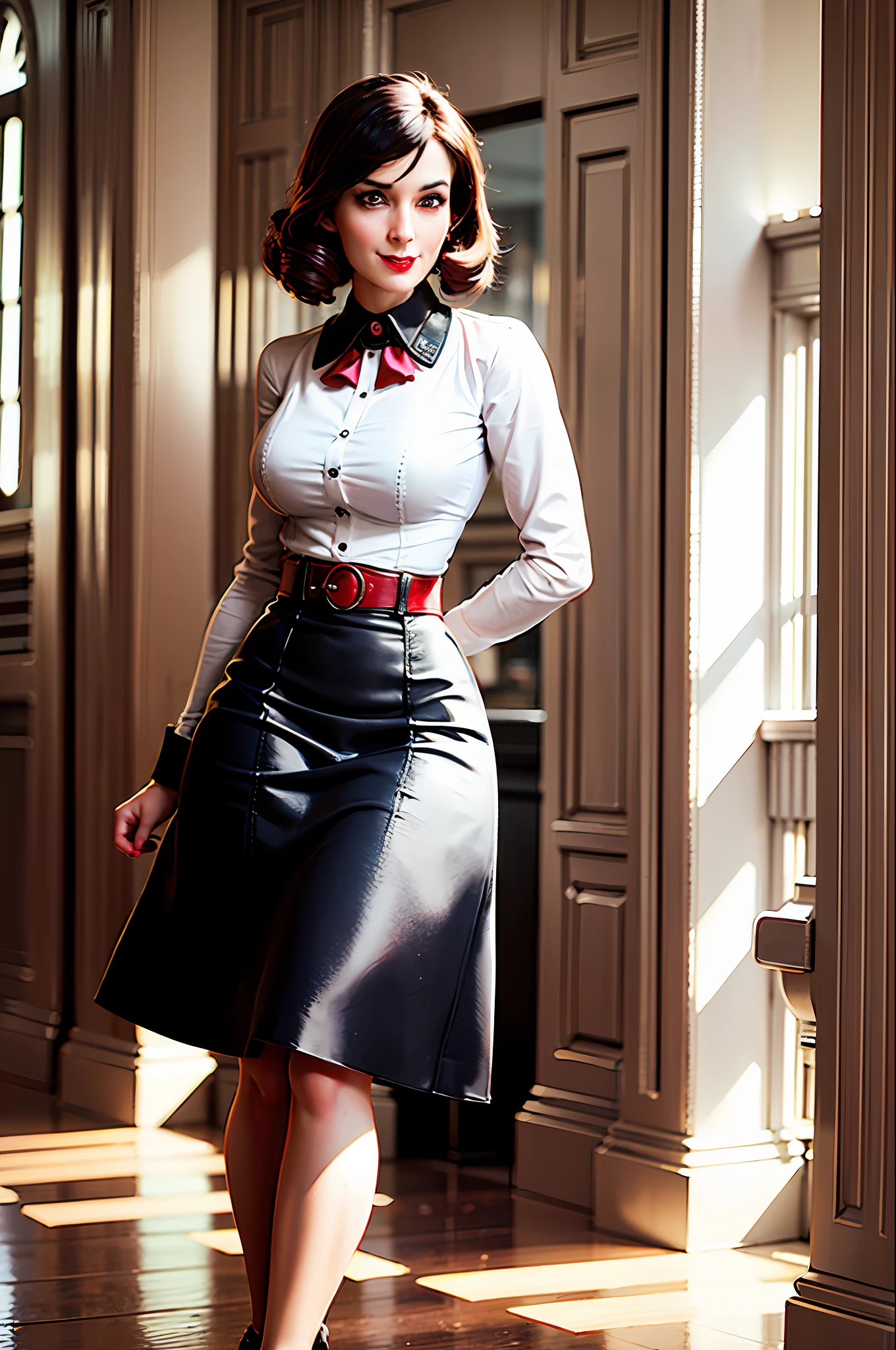 masterpiece, high resolution, photorealistic, best quality, perfect lighting, adult, mature, female, 1 girl, solo, library, castle, elizabeth_bioshock, happy, smile, white headmistress uniform, black pencil dress with stockings, red belt