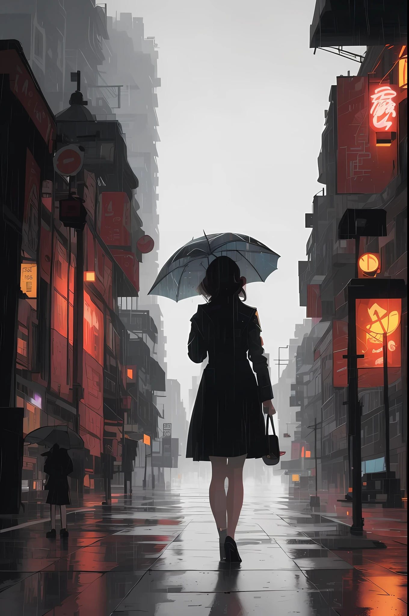 Da läuft eine Frau mit einem Regenschirm die Straße entlang, rainy cyberpunk city, in der Stadt herumwandern, regnerische Straßes in the background, artwork in the style of guweiz, in einer Stadtstraße stehen, regnerische Straße, in a cyberpunk city, style of Alena Aenami, regnerischer Abend, künstlerisch. Alena Aenami, Stilisiertes Urban-Fantasy-Kunstwerk