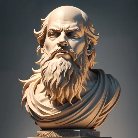 a close up of a bust of a man bald, with a beard, cinematic bust