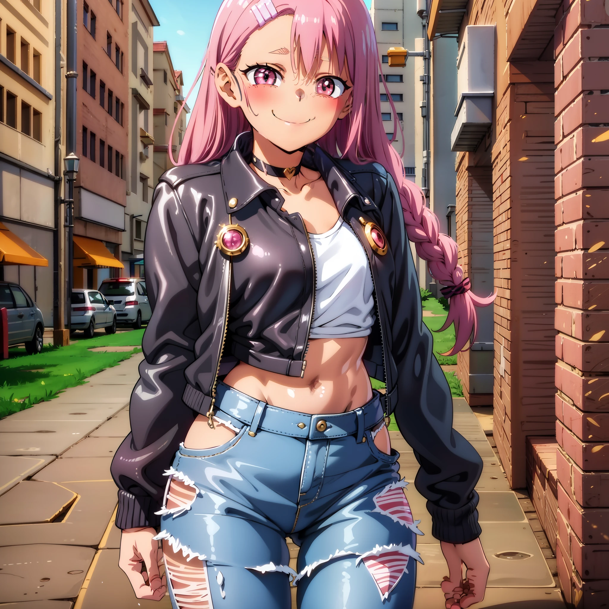 Girl, little girl, 4k, (high definition), Loli, pink hair, long hair braid, big eyes, smile, small breasts, small waist, big hips, small thighs, black and short leather jacket, short pink low-cut blouse, hip jeans, torn jeans, marked abdomen, sensual