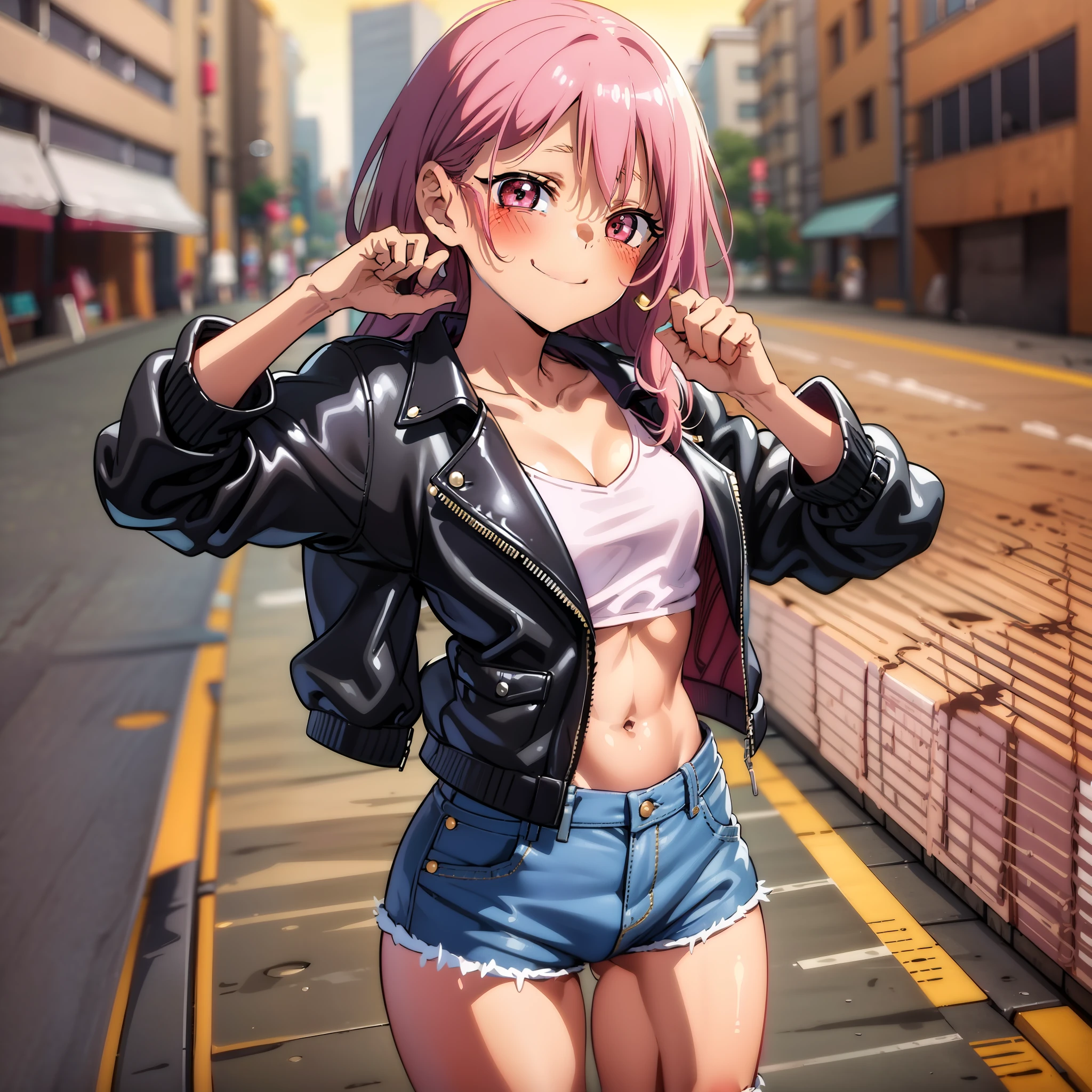 Girl, little girl, 4k, (high definition), Loli, pink hair, long hair braid, big eyes, smile, small breasts, small waist, big hips, small thighs, black and short leather jacket, short pink low-cut blouse, hip jeans, torn jeans, marked abdomen, sensual