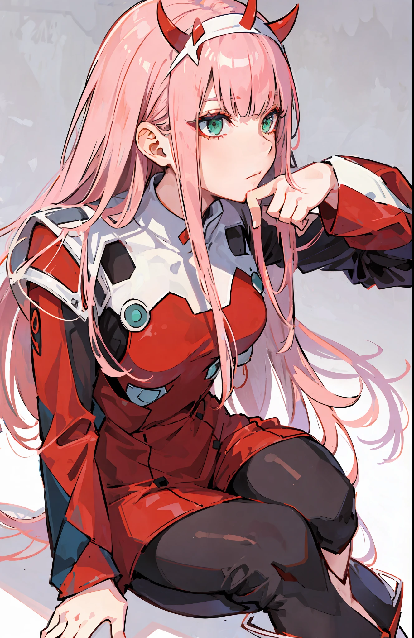 zero two \(darling in franxx\), darling in franxx, 1girl, bangs, bite, shadow, green eyes, horns, long hair, looking at the viewer, small breasts, makeup, small breasts, bodysuit net, pink hair, red eyeshadow, tight skin, solo