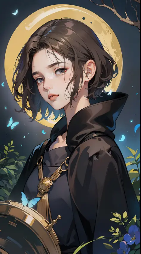 ((Superior quality, portraits, masterpieces, wallpapers 8K: 1.3)), (1 girl) with short wavy brown hair (((SHORT HAIR))), obsidian-like black eyes (((BLACK EYES))), (((ANNOYING, SERIOUS LOOK))) sitting on a branch of a mouse tree, bioluminescent blue butter...