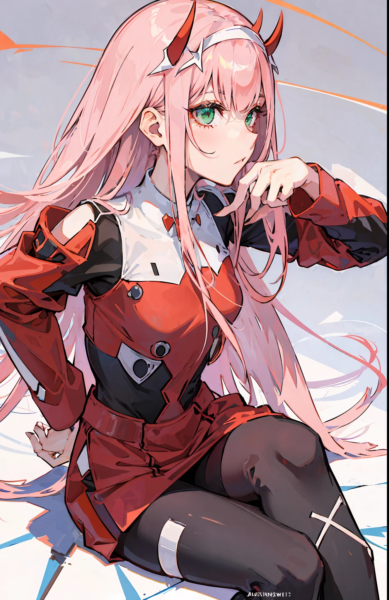 zero two \(darling in franxx\), darling in franxx, 1girl, bangs, bite, shadow, green eyes, horns, long hair, looking at the viewer, small breasts, makeup, small breasts, bodysuit net, pink hair, red eyeshadow, tight skin, solo