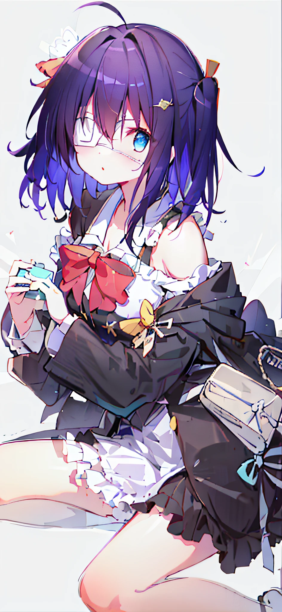 high res, masterpiece,Rikka Takanashi, black hair, solo, 1girl,outside,deatailed background, detailed eyes, ((blue eyes)), eyepatch