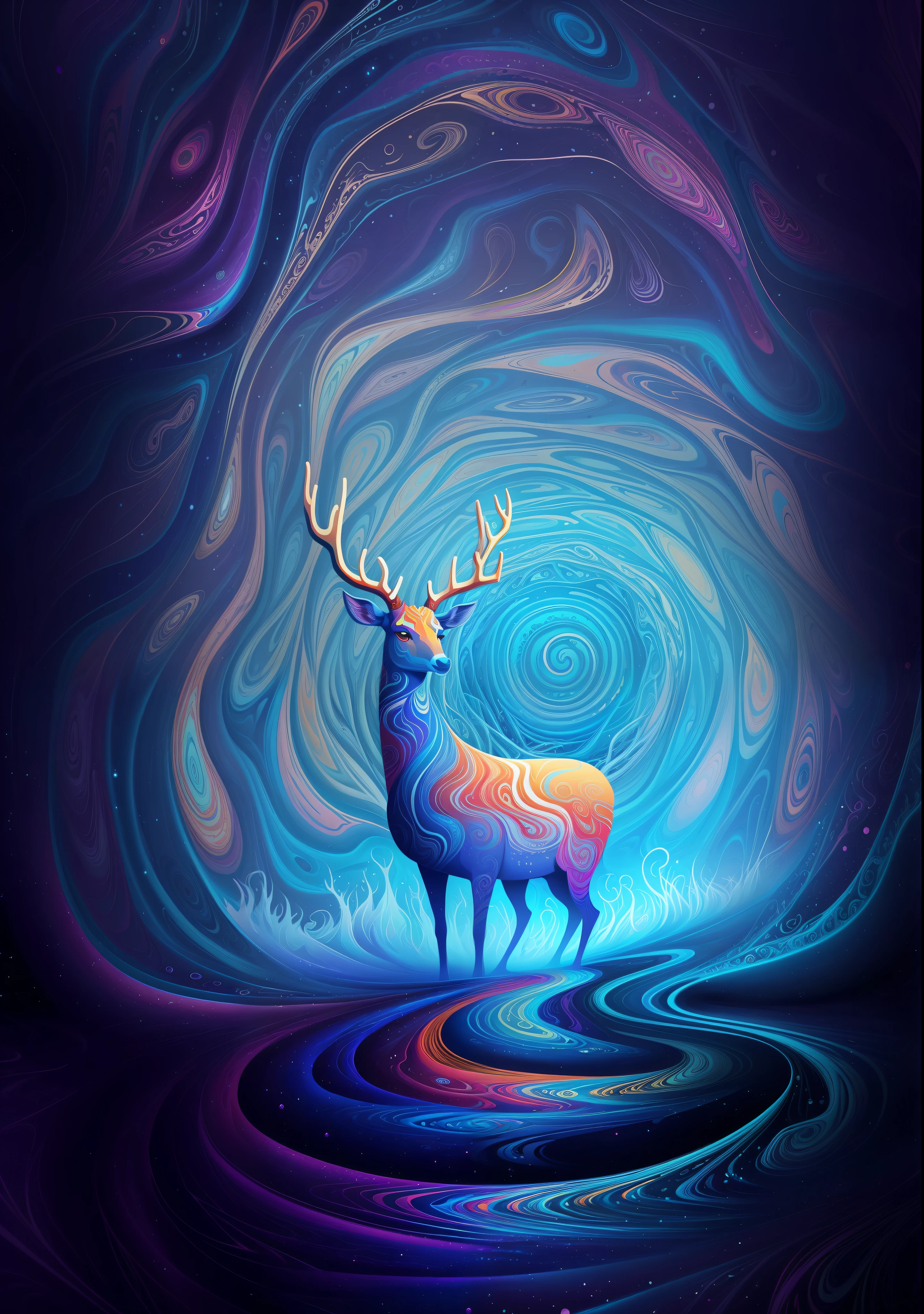 (Psychedelic painting of a deer standing in front of a colorful swirl), ((multiple antlers, stag, big head)), bright colors, thick lines, waves, multiple layers, foreground, perspective, fractal Thunder Dan Mumford , Dan Mumford and Alex Gray style, psychedelic surreal art, surreal psychedelic design, dream art style, illusion psychedelic art, infinite psychedelic waves, inspired by Cyril Rolando Rolando), realistic ripple structure, psychedelic art style, psychedelic art, psychedelic illustration -- V6