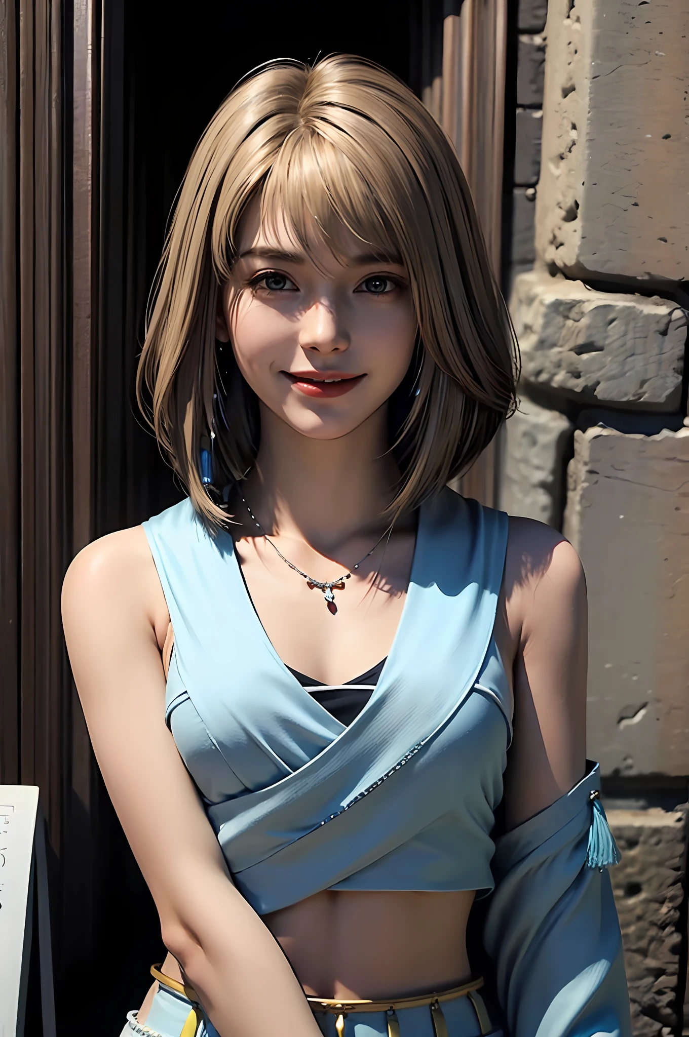 ((Top Quality, Masterpiece: 1.6)) smile, 1 girl, Solo, Jewelry, , , Necklace, Blue Beaded Earrings, Mini Skirt, Very Detailed, Detailed Face, Cleavage, ((Small: 1.4)), Solo Cute Woman, Church, Perfect Proportions, Slim Abs, Medium Breasted, Watch Viewer, Gorgeous Goddess, Blonde Long Wave Haircut, (((Thick Bangs)),