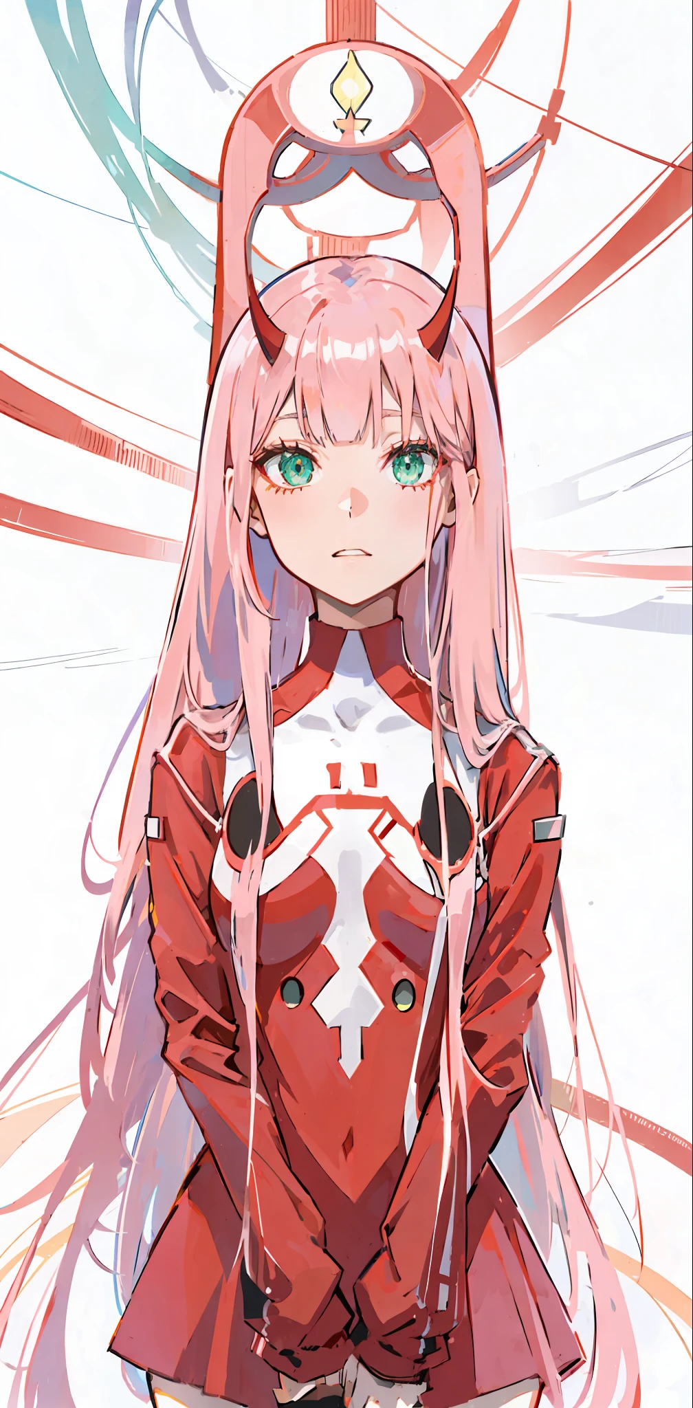 null zwei \(darling in franxx\), darling in franxx, 1 Mädchen, bangs, beißen, Schatten, grüne Augen, Hörner, lange Haare, den Betrachter anschauen, kleine Brüste, bilden, kleine Brüste, roter Body, pinkes Haar, red eyeSchatten, Straffe Haut, Allein