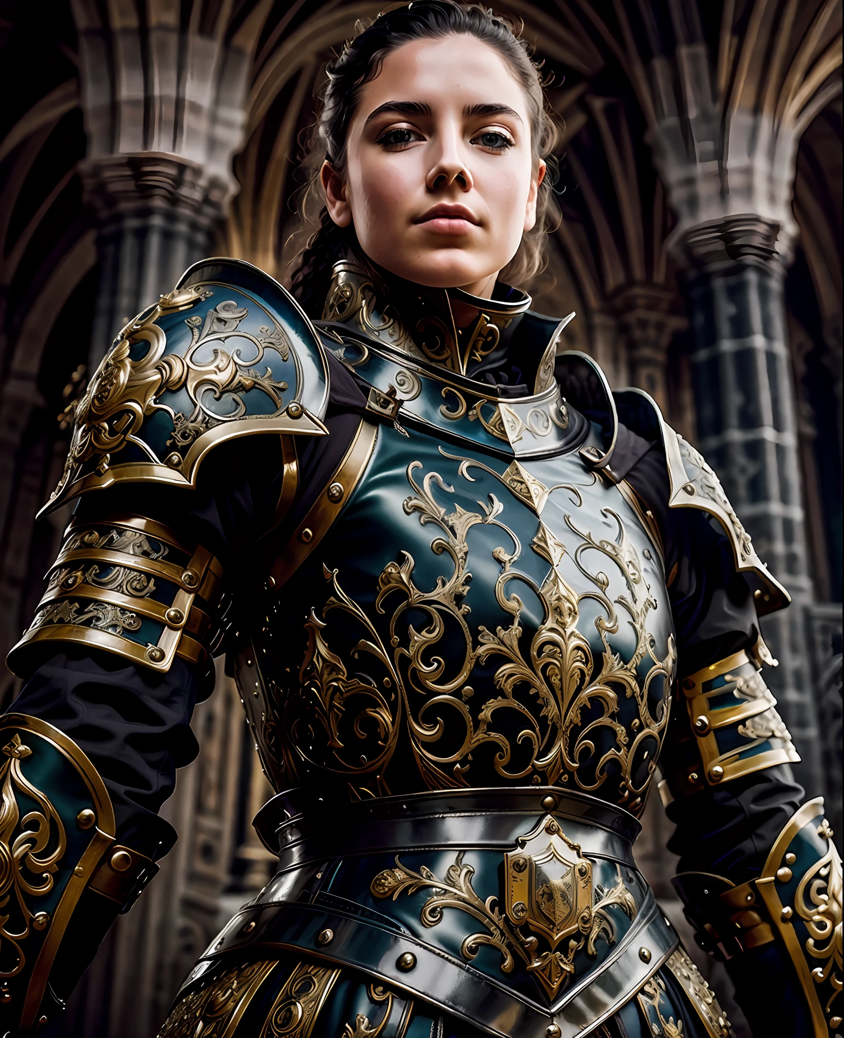 Masterpiece, best quality, baroque, realistic, 1girl, black medieval filigree armor, coat of arms, upper body, looking at the viewer