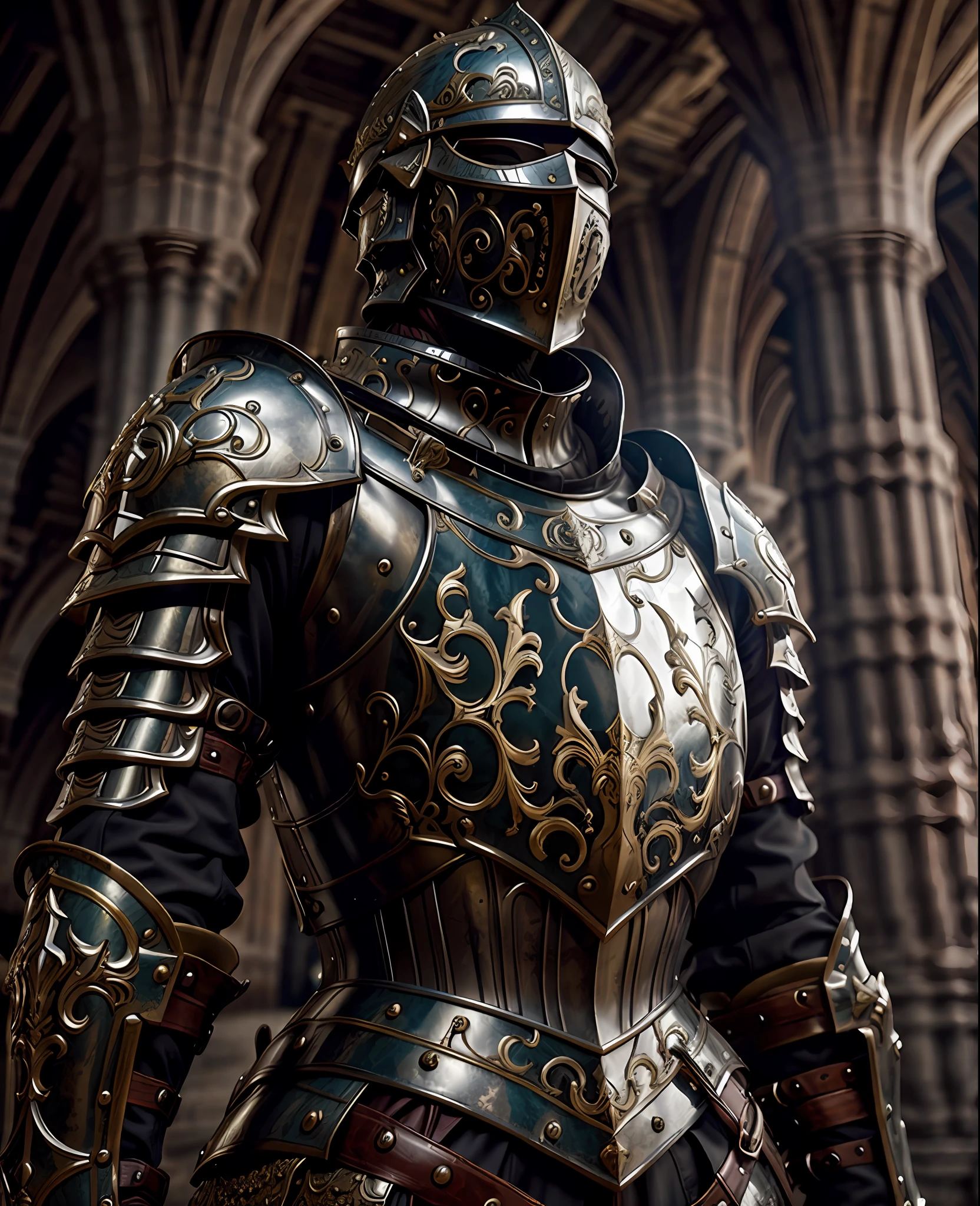 Masterpiece, best quality, baroque, realistic, 1girl, medieval templar armor, upper body, looking at the viewer