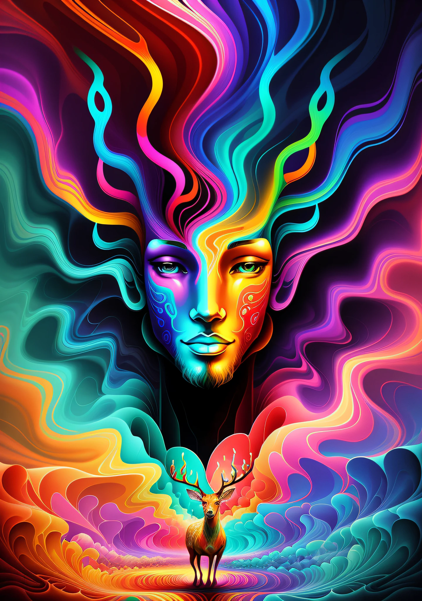 (Psychedelic painting of a deer standing in front of a colorful swirl), ((multiple antlers, stag, big head)), bright colors, thick lines, waves, multiple layers, foreground, perspective, fractal Thunder Dan Mumford , Dan Mumford and Alex Gray style, psychedelic surreal art, surreal psychedelic design, dream art style, illusion psychedelic art, infinite psychedelic waves, inspired by Cyril Rolando Rolando), realistic ripple structure, psychedelic art style, psychedelic art, psychedelic illustration -- V6