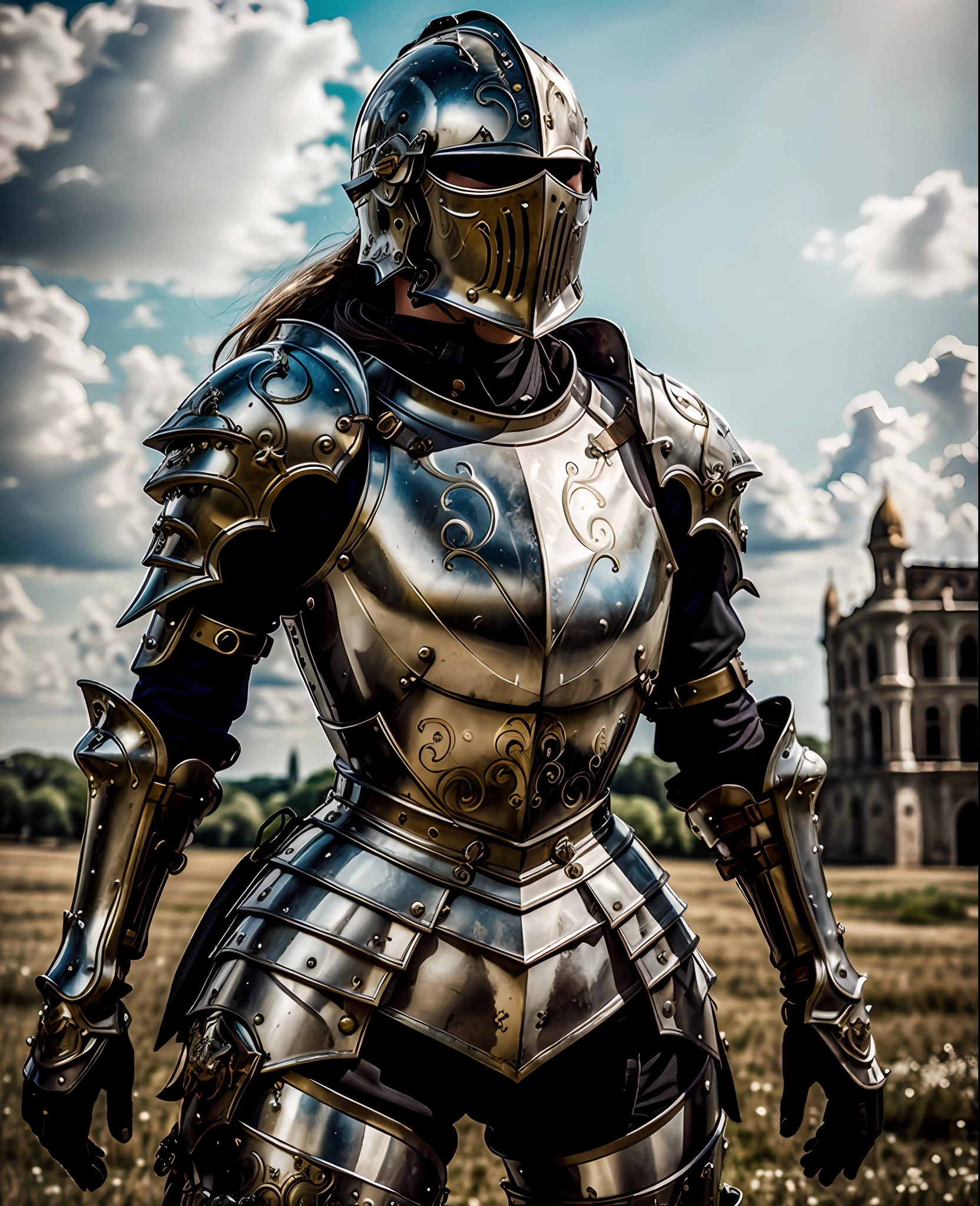 Masterpiece, best quality, baroque, realistic, 1girl, white medieval armor, upper body, looking at the viewer, open field, battlefield