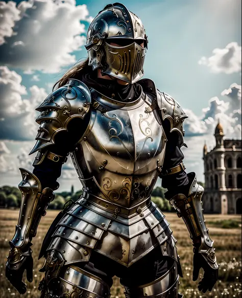 Masterpiece, best quality, baroque, realistic, 1girl, white medieval armor, upper body, looking at the viewer, open field, battl...