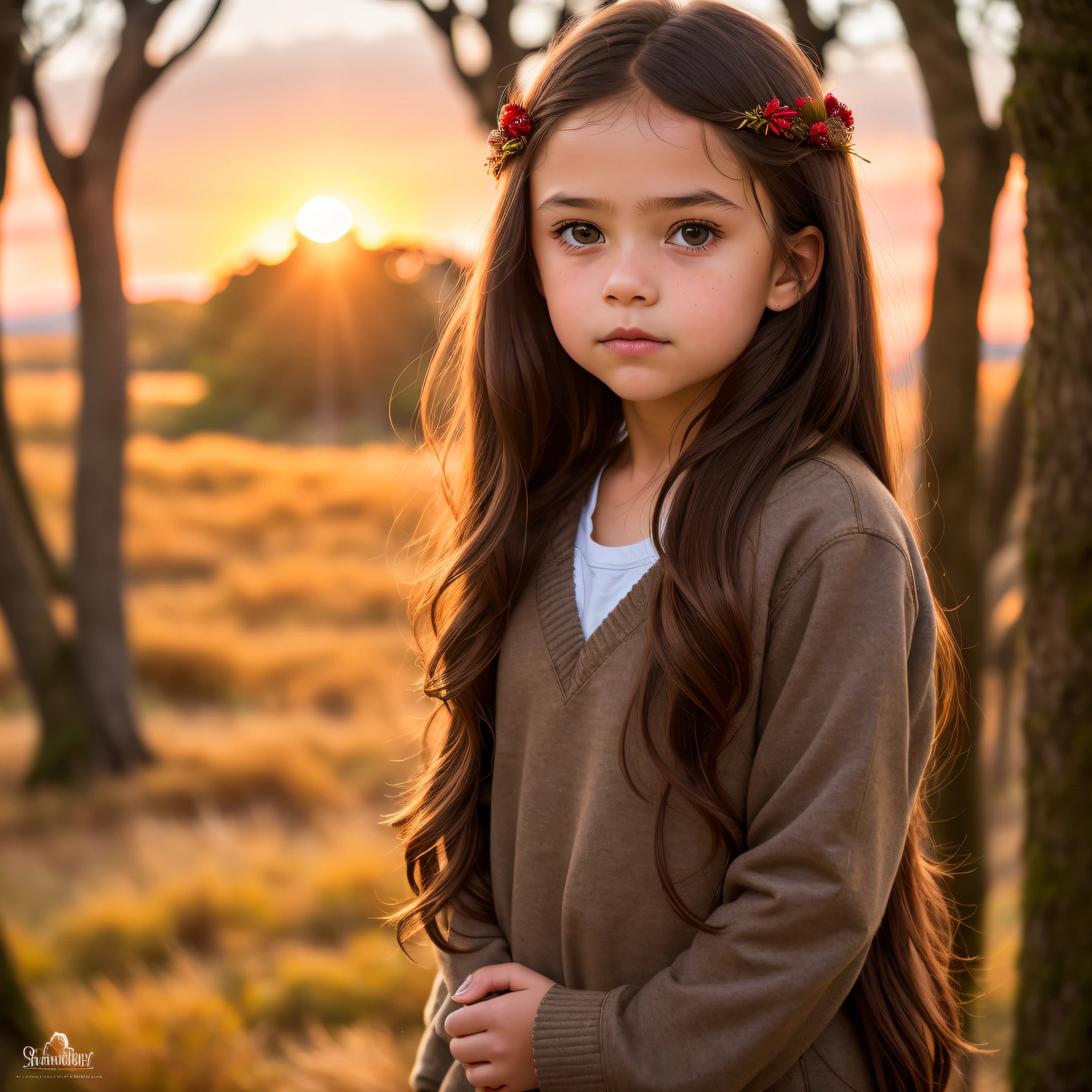 RAW-Foto, (ein Porträtfoto eines 8 Jahre alten Mädchens: 1.2), (dunkler Wald), Sweatshirt, (hochdetaillierte Haut: 1.0), detaillierte Augen, 8k uhd, dslr, sanfte Beleuchtung, beste Qualität, Filmkorn, Fujifilm XT3, (Stil „Mädchen von nebenan“.: 1.2), detaillierte Augen, lange Haare, (braune Haare:1.1), (Schatten:0.1), (afrikanisches Mädchen:1.3), Fantasie, (Filmische Beleuchtung, Sonnenuntergang),  Kranz, Nicht für die Arbeit geeignet,