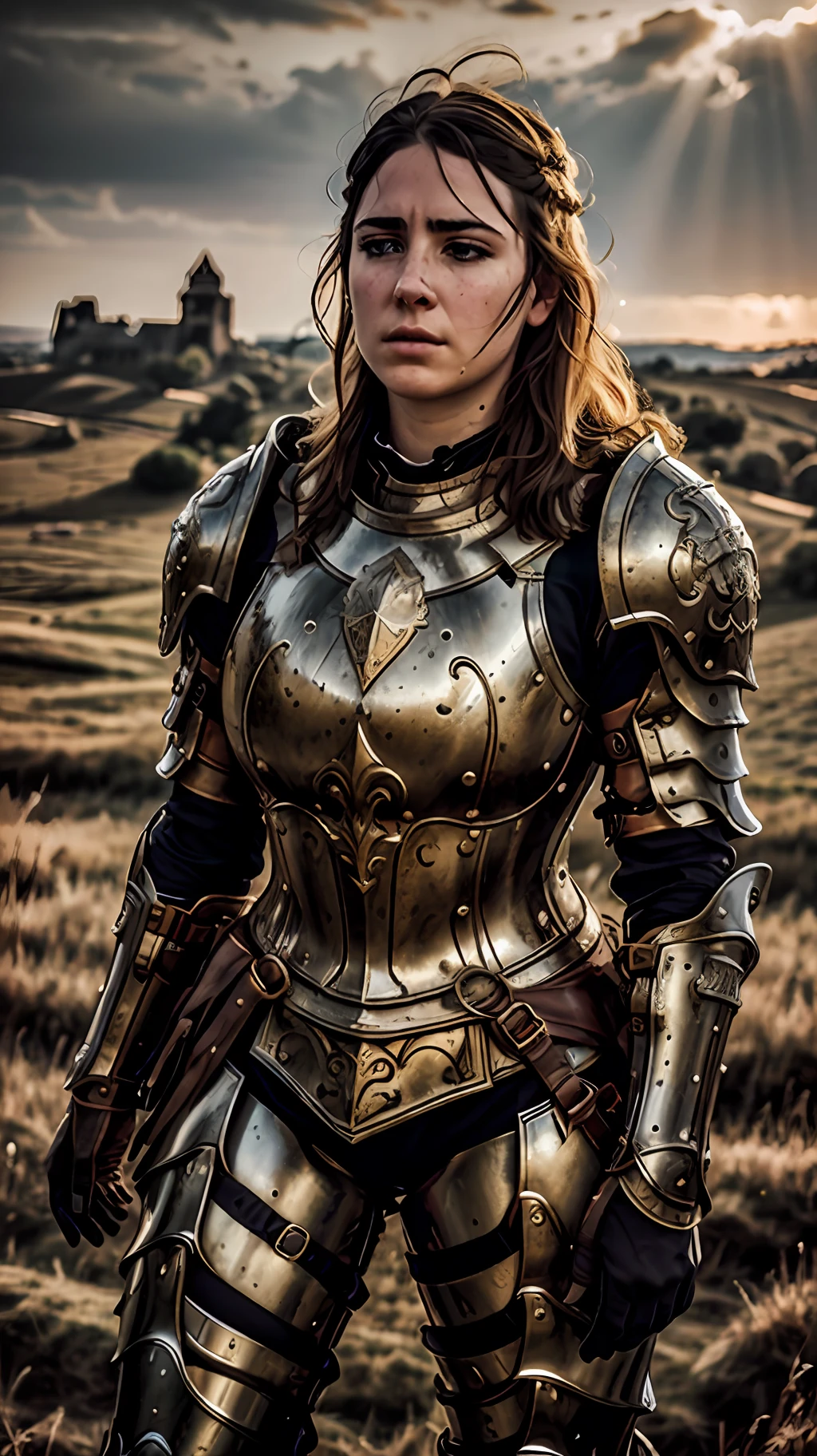 Obra maestra, paisaje cinematográfico, mejor calidad, barroco, Realista, 1 chica, armadura romana medieval, parte superior del cuerpo, mirando al espectador, Campo abierto, campo de batalla, catapult