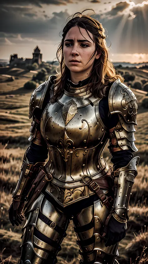 Masterpiece, cinematic landscape, best quality, baroque, realistic, 1girl, medieval Roman armor, upper body, looking at the view...