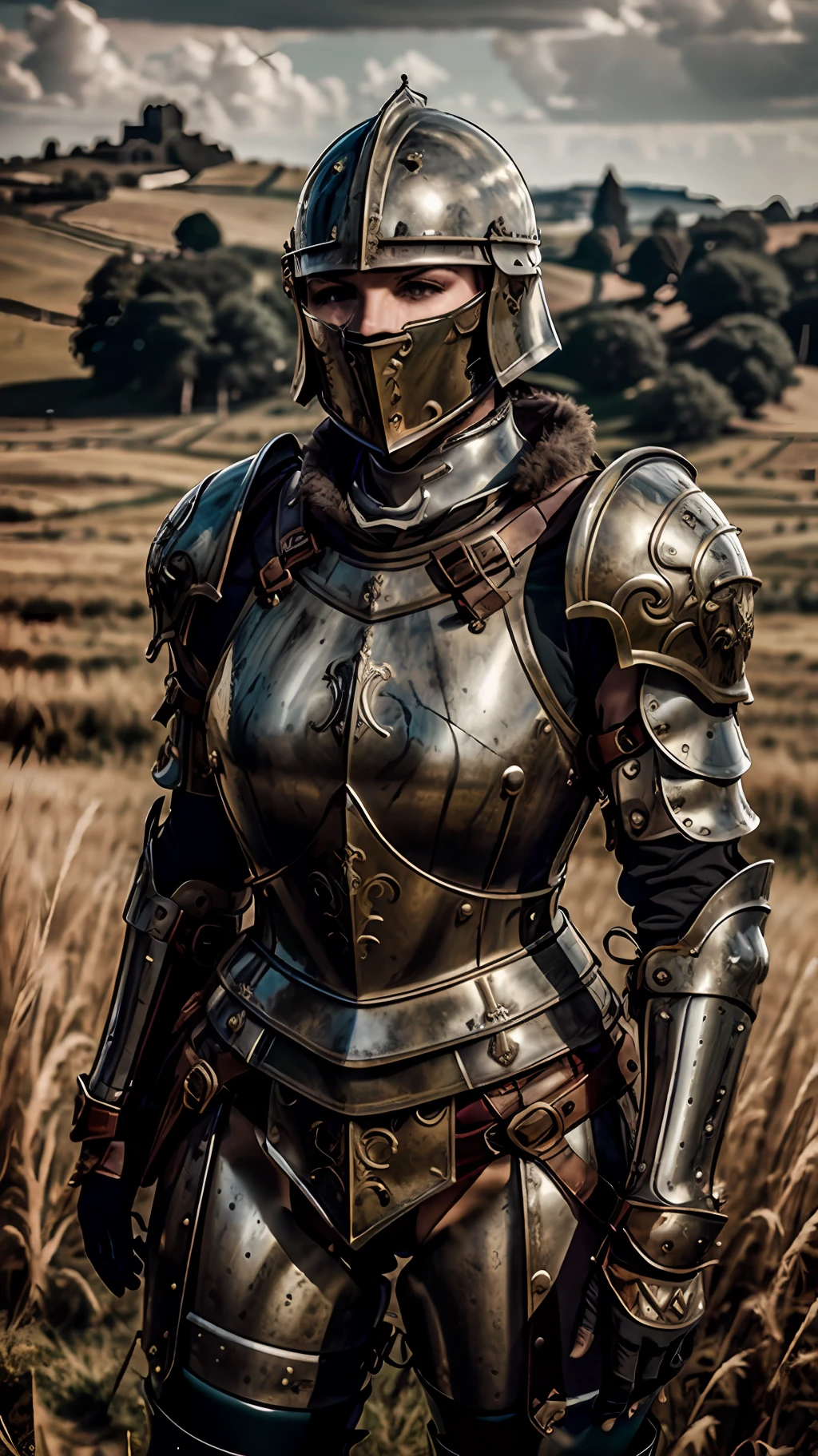 Masterpiece, cinematic landscape, best quality, baroque, realistic, 1girl, medieval Roman armor, upper body, looking at the viewer, open field, battlefield, catapult