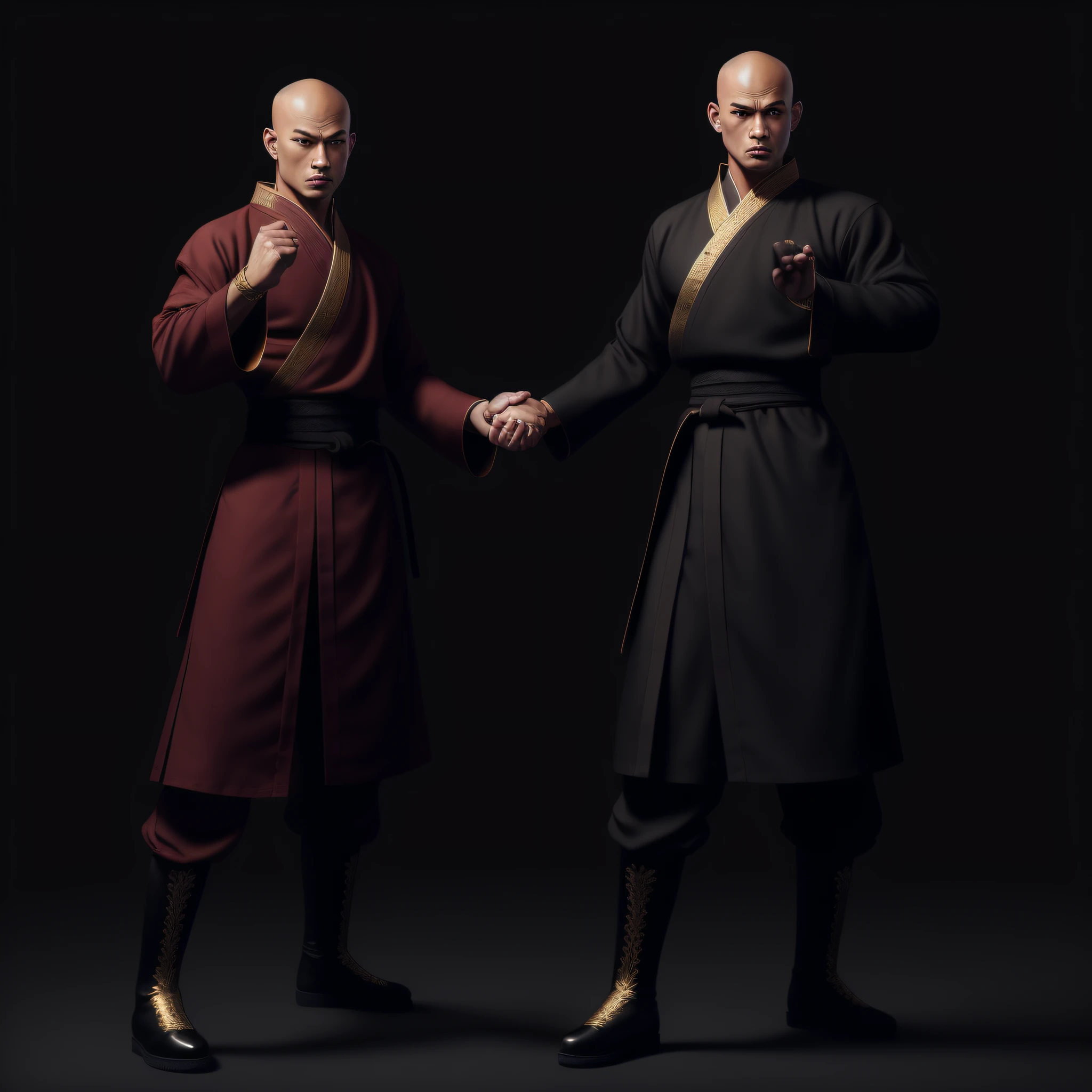 1 monk, monk facing camera, full body, perfect anatomy, (((perfect hands)), detailed intricate, costume, detailed dress, intricate dress, embroidered clothing, martial arts, rage, hd, 8k, ((shaolin)), ((monk)), warrior, artstation, powerful, realistic, art, masterpiece, standing, facing camera, facing front, looking forward, without weapons, with hands fighting posture, hands on the side of the body,  Master Abbot, brown skin, black skin, brown eyes, costume in the lightest colors- black pants, red sash, green windbreaker, golden details, wearing black boots white details, minimalist clean background. (perfect body proportion), ((hand with five perfect fingers)), (perfect anatomy),(bald) hyper-realistic, 8k, mystical, brutal, fight, berserk, anger, hd, 8k, soft lighting, white background, high quality, maximum quality, flawless, one character per image, keep distance between one character and the other, strong, muscles, powerful.