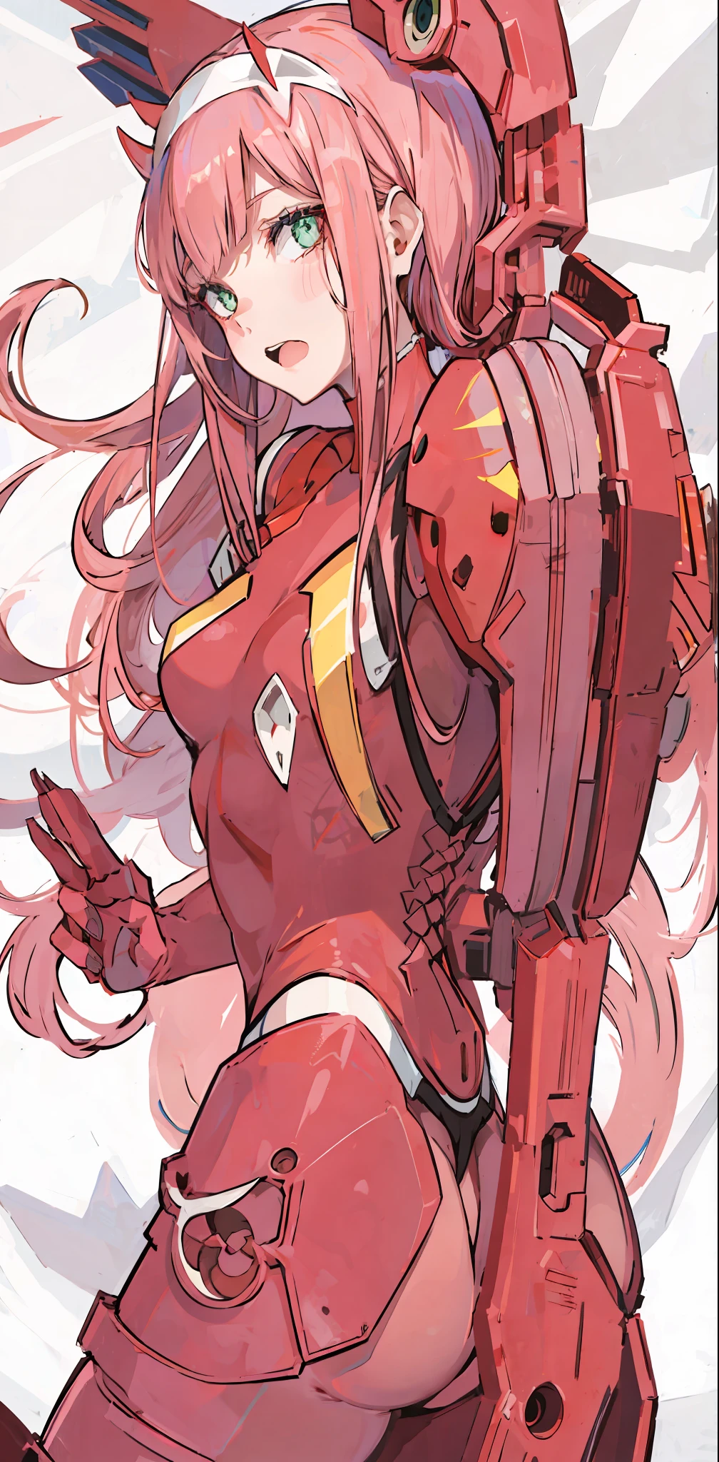 zéro deux \(chérie sur franxx\), chérie sur franxx, 1fille, la frange, Mordre, par derrière, allongé, lit, ombre, yeux verts, cornes, cheveux longs, Regarder le spectateur, Petits seins, gros cul, se maquiller, Body rouge, cheveux roses, red eyeombre, peau tendue, seulement