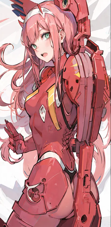 zero two \(darling on franxx\), darling on franxx, 1girl, fringe, bite, from behind, lying down, bed, shadow, green eyes, horns,...